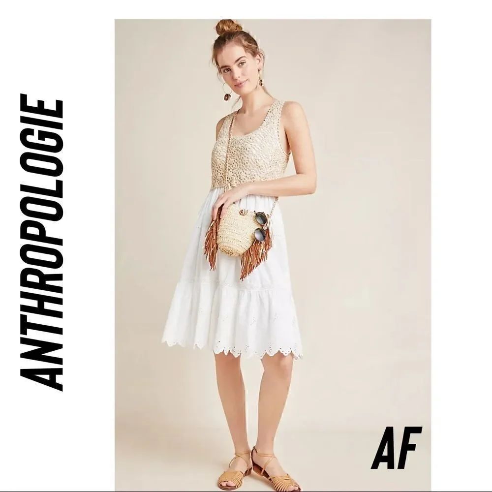 ANTHROPOLOGIE BECKET CROCHET EYELET DRESS NEW NWT SIZE 1 X TAN WHITE